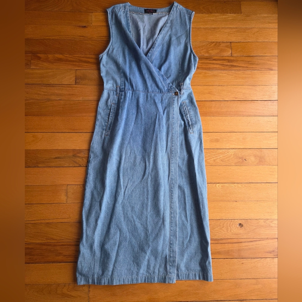 Vintage 100% Cotton Gloria Vanderbilt Light Blue Denim Wrap Midi Dress Large‎